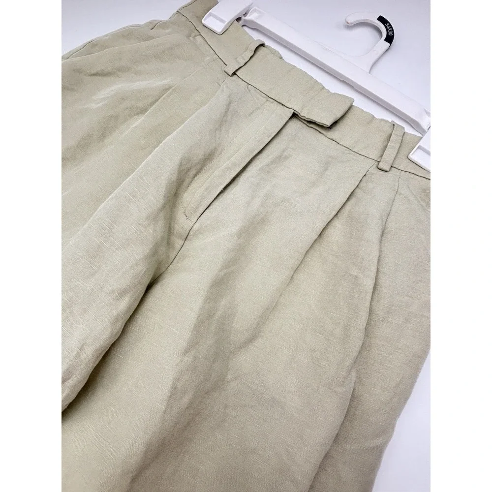 H&M Linen Blend Pleated Cropped Pants Womens US 6 Beige‎ Wide Leg Coastal